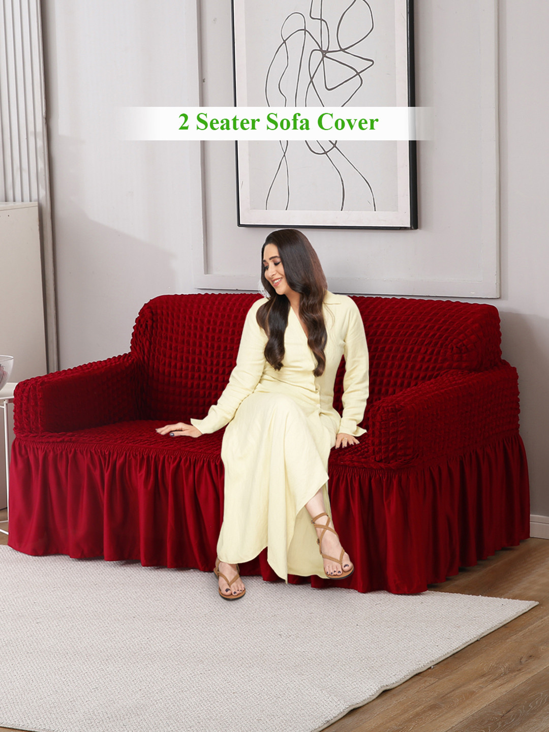 HOKIPO Red 2 Seater Stretchable Elastic Frilled Sofa Cover