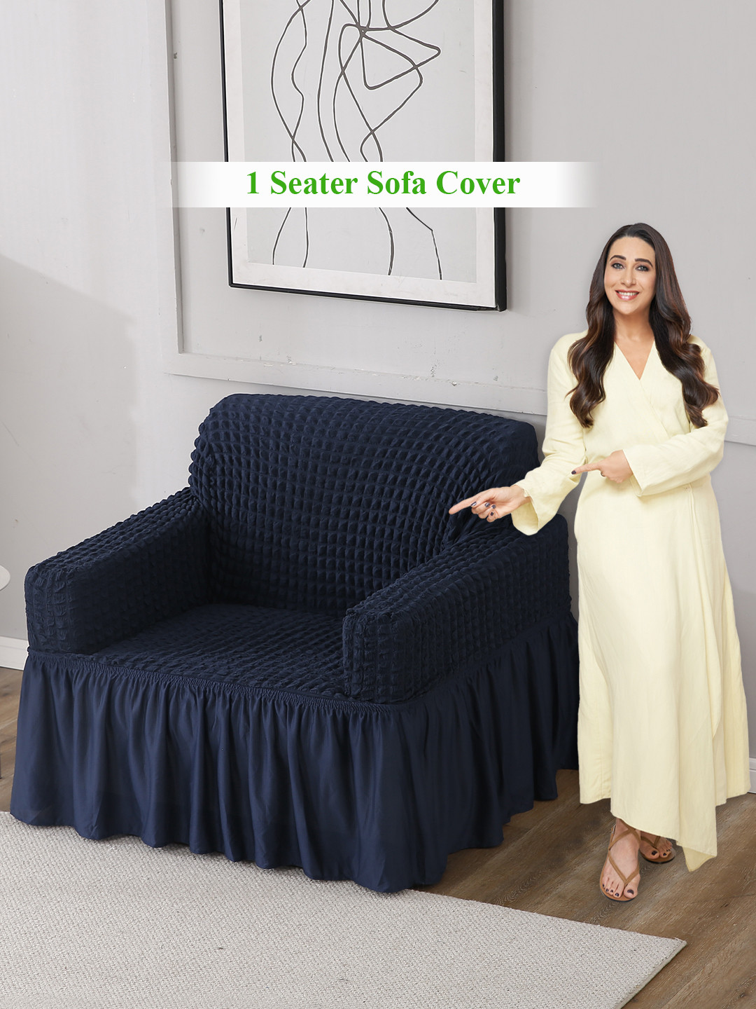HOKIPO Navy Blue Stretchable Bubble Frill 1 Seater Sofa Cover