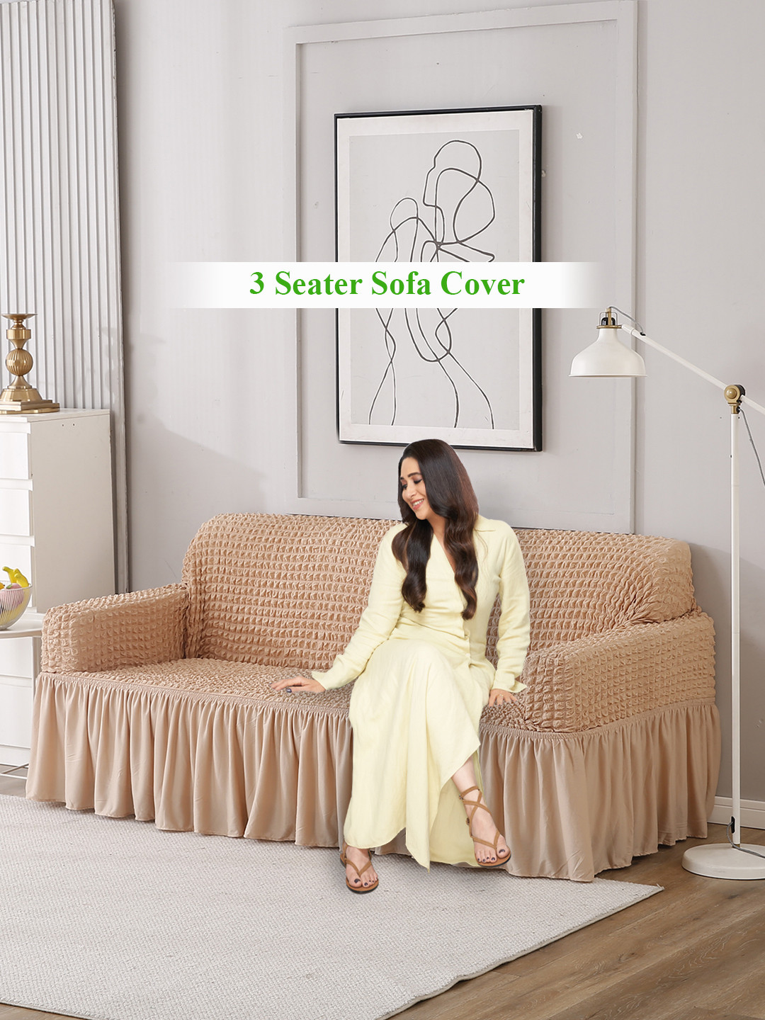 HOKIPO Beige Stretchable Checkered Polyester Straight 3 Seater Sofa Cover