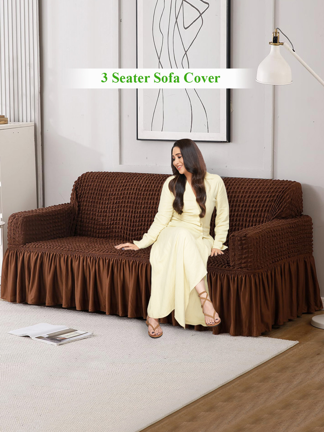 HOKIPO Brown Stretchable Triple Seater Bubble With Frill Sofa Cover With Arms