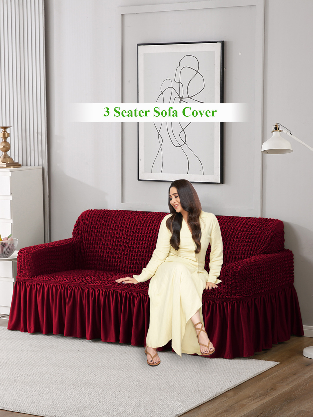 HOKIPO Red Polyester 3 Seater Stretchable Elastic Frilled Sofa Cover