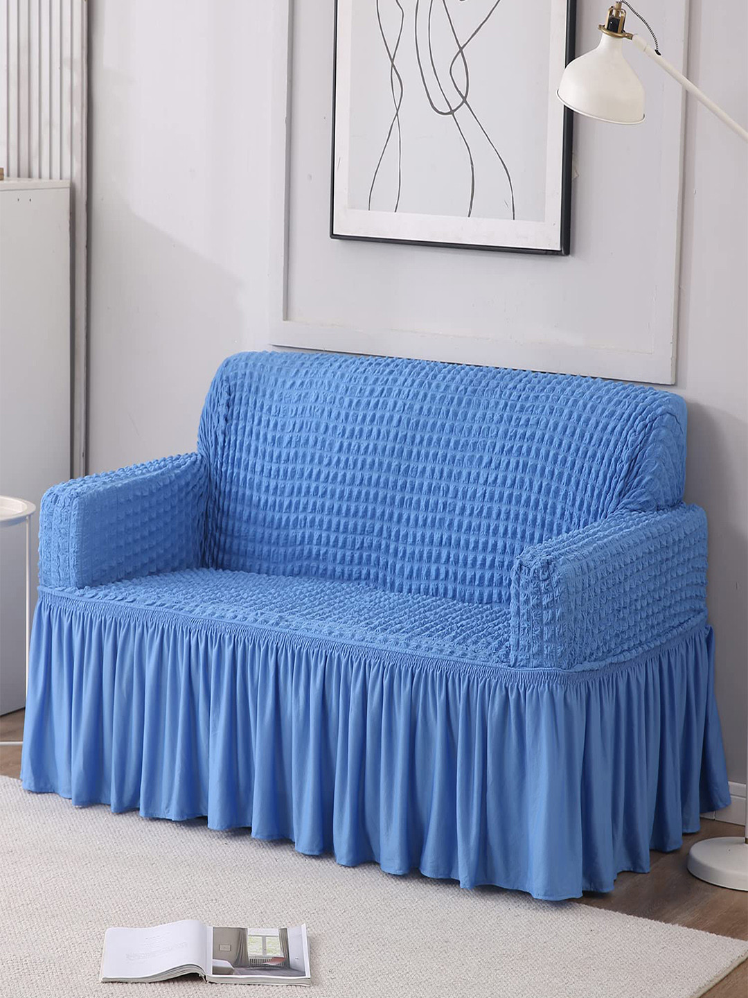HOKIPO Blue 2 Seater Bubble Sofa Slipcover with Frill With Arms