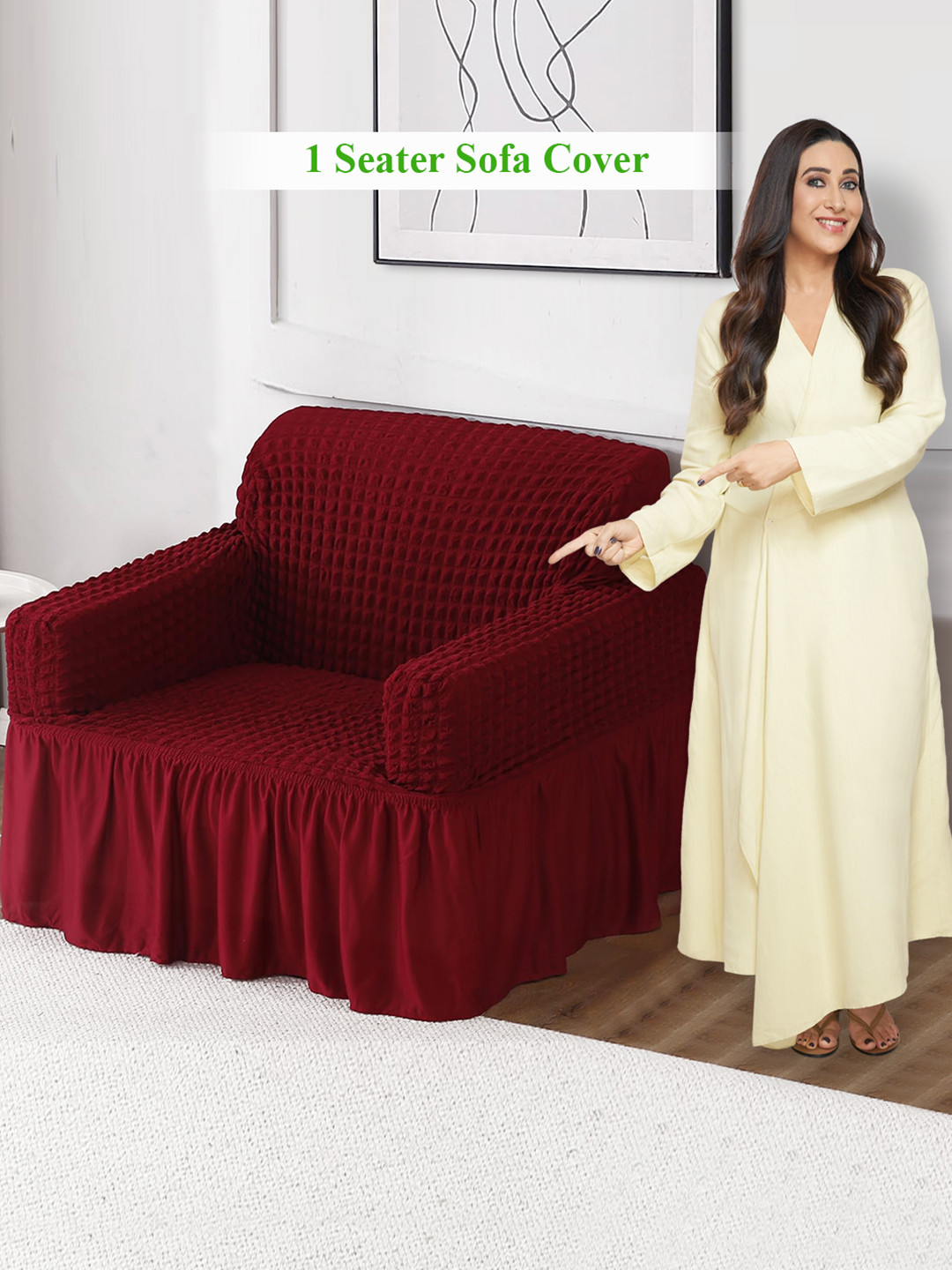 HOKIPO Red Stretchable Bubble Frill 1 Seater Sofa Cover