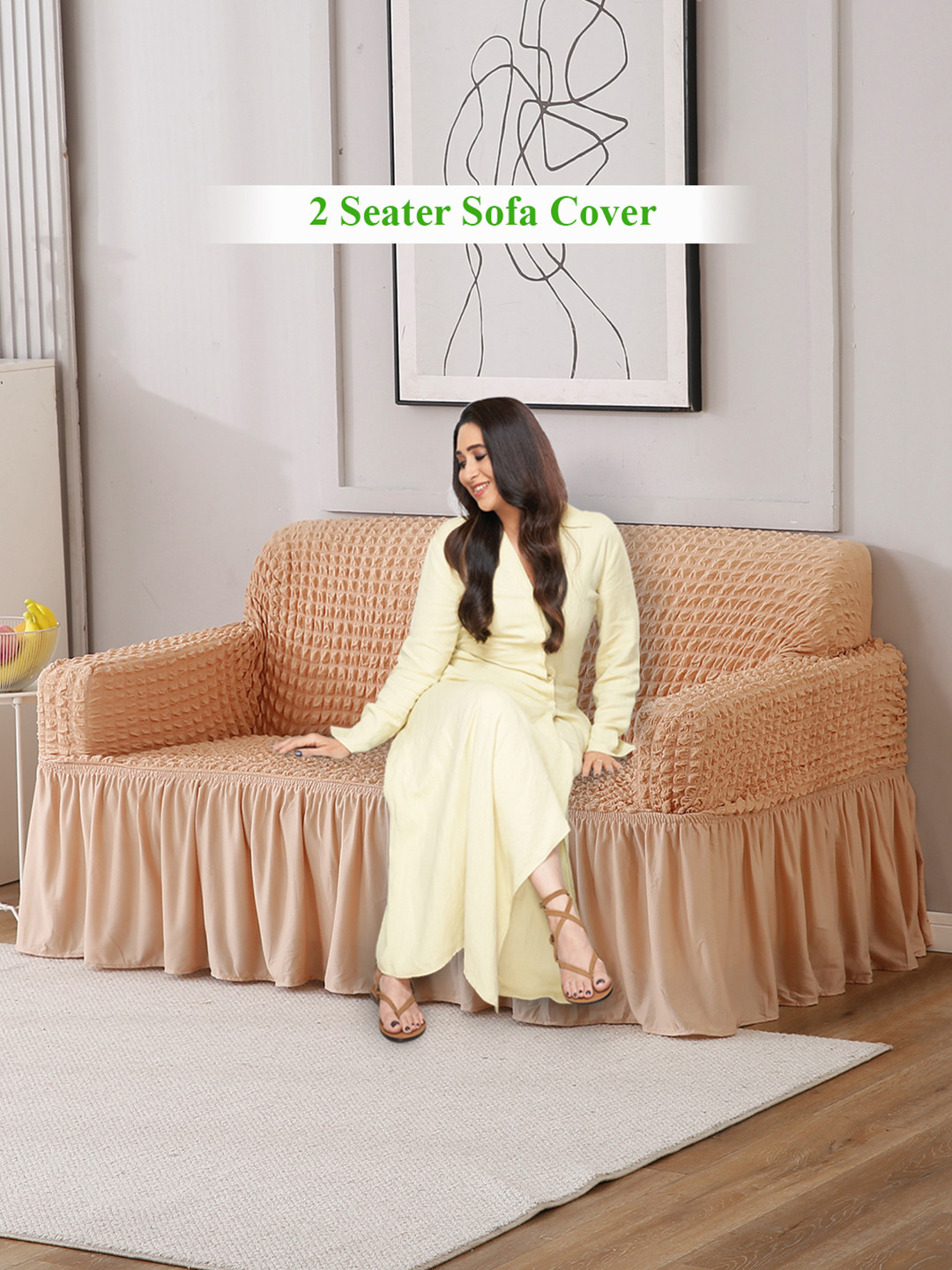 HOKIPO Beige Stretchable 2 Seater Bubble With Frill Sofa Cover With Arms