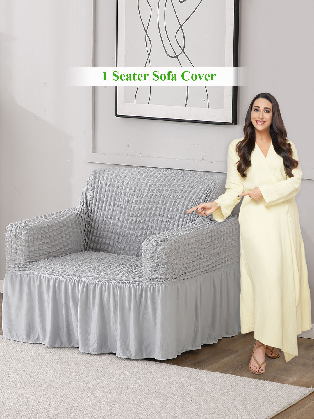 HOKIPO Grey Self Design Stretchable Bubble Sofa Frill Cover With Arms