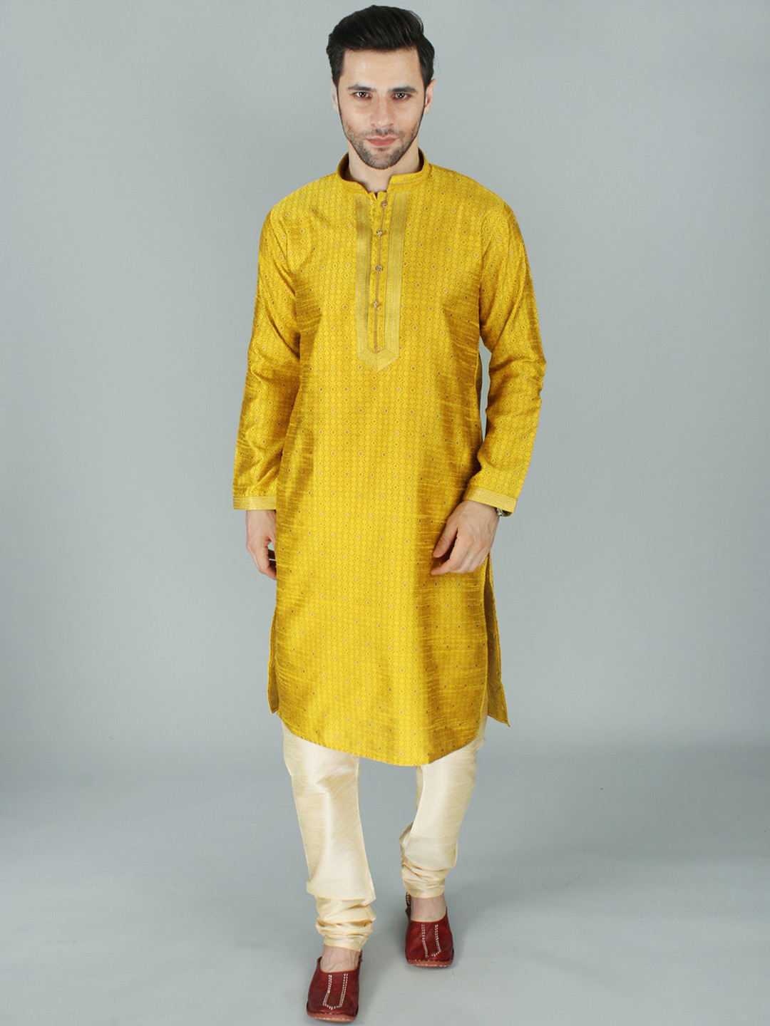 Exotic India Ethnic Brocaded Yellow Kurta Pajama Set with Repetitive Weave