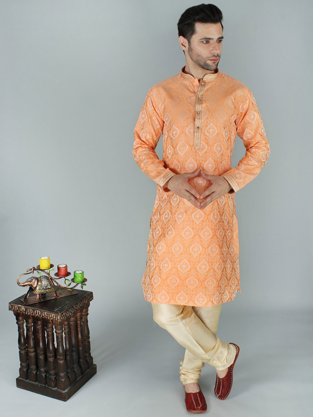 Exotic India Jacquard Modish Big Pattern Peach Ethnic Kurta Pajama Set