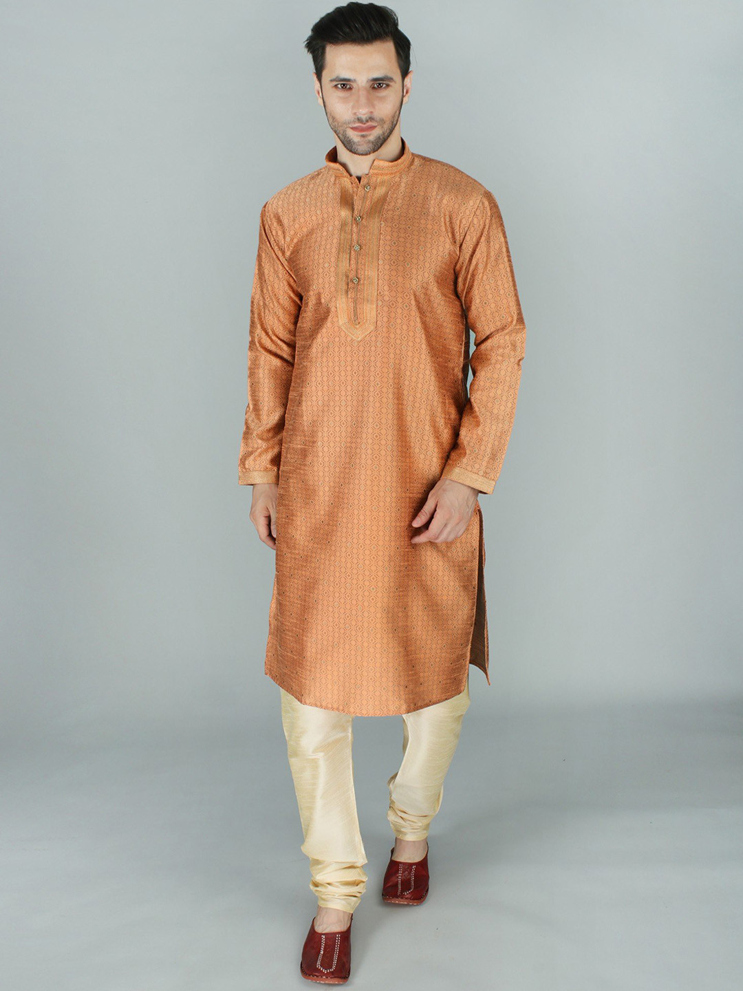 Exotic India Ethnic Brocaded Orange Kurta Pajama Set with Repetitive Weave