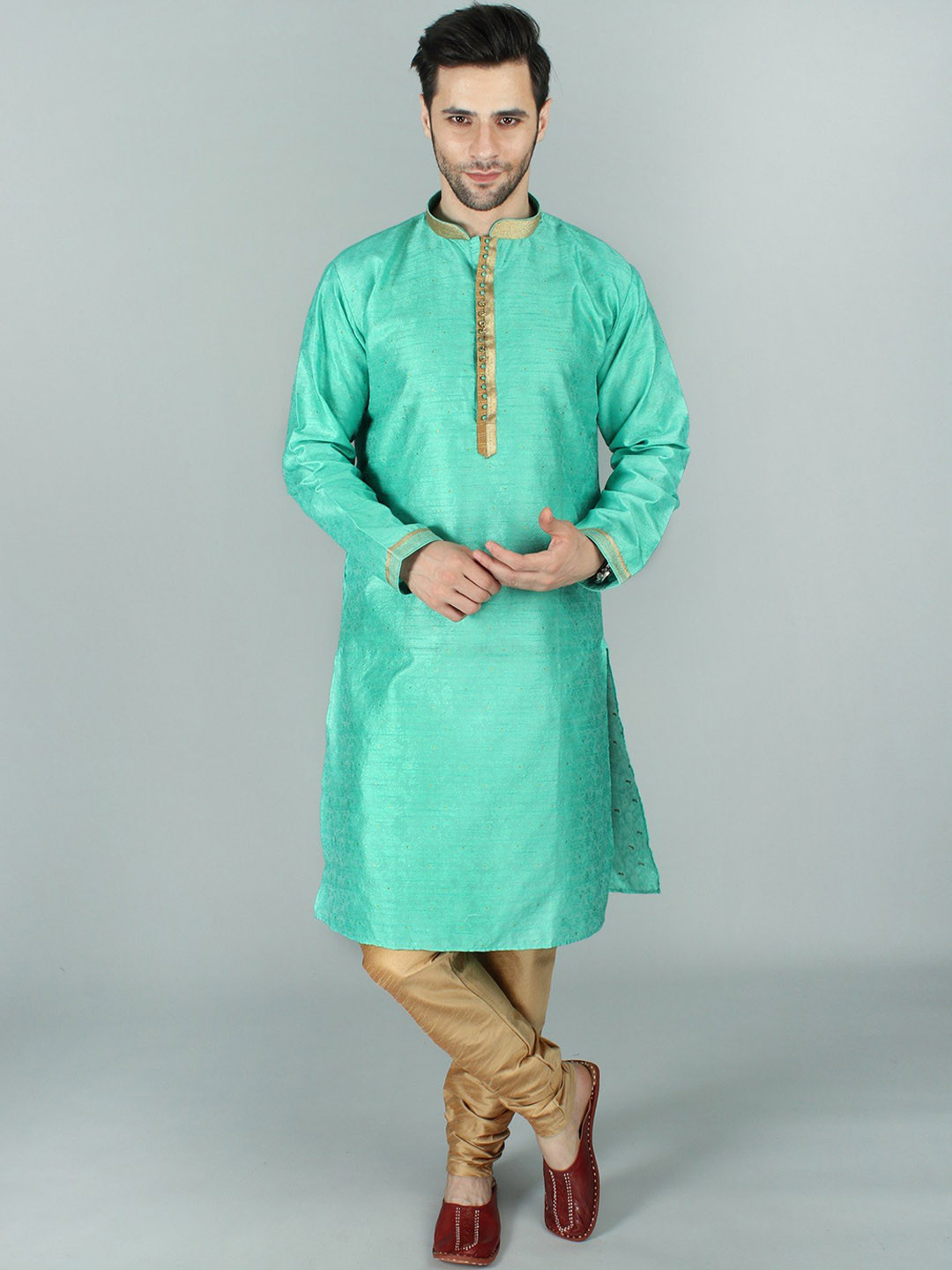 Exotic India Jacquard Modish Ethnic Turquoise Kurta Pajama Set