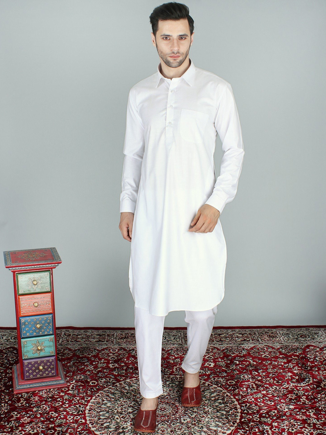 Exotic India White Pure Cotton Pathani Kurta Pajama Set