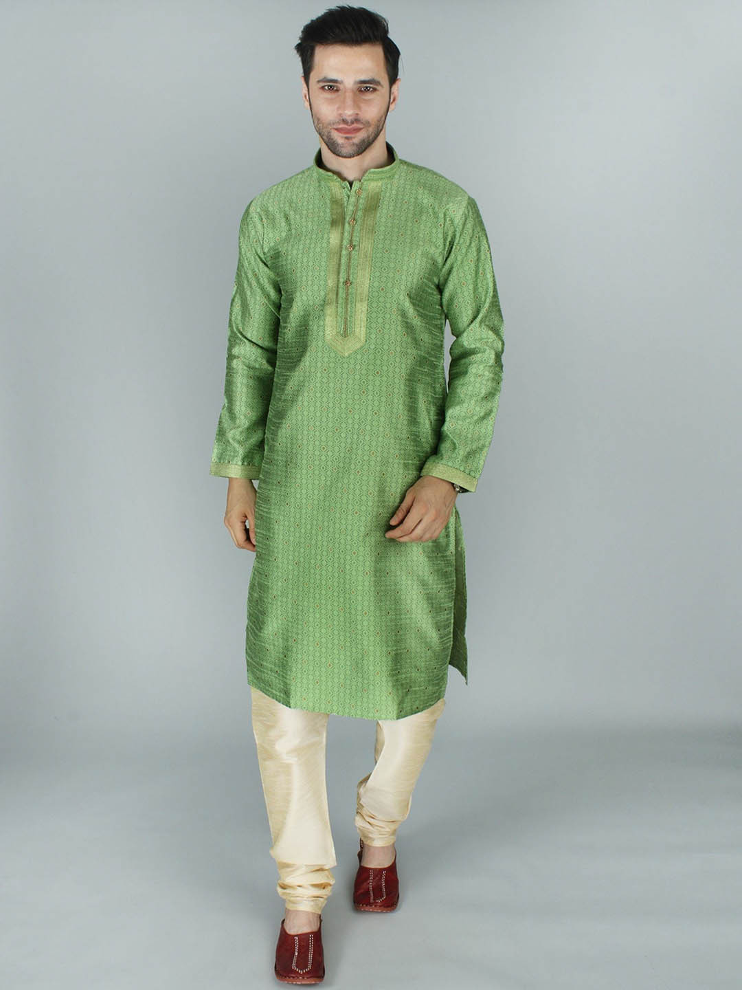 Exotic India Ethnic Brocaded Green Kurta Pajama Set with Repetitive Weave