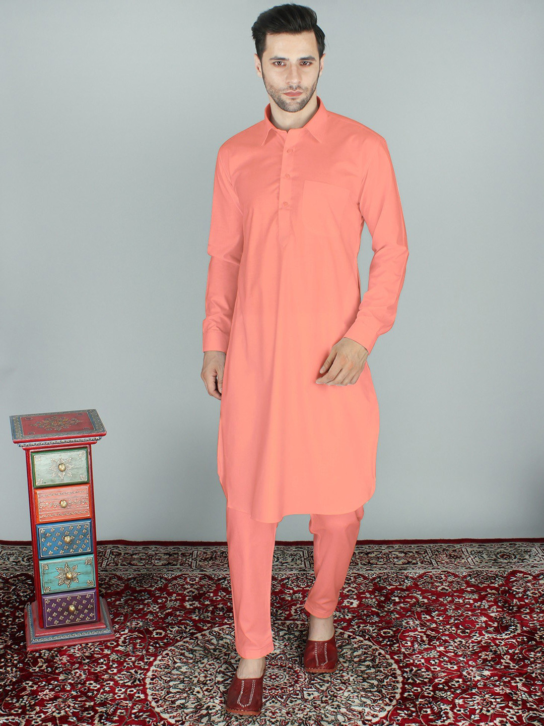 Exotic India Coral Pure Cotton Pathani Kurta Pajama Set