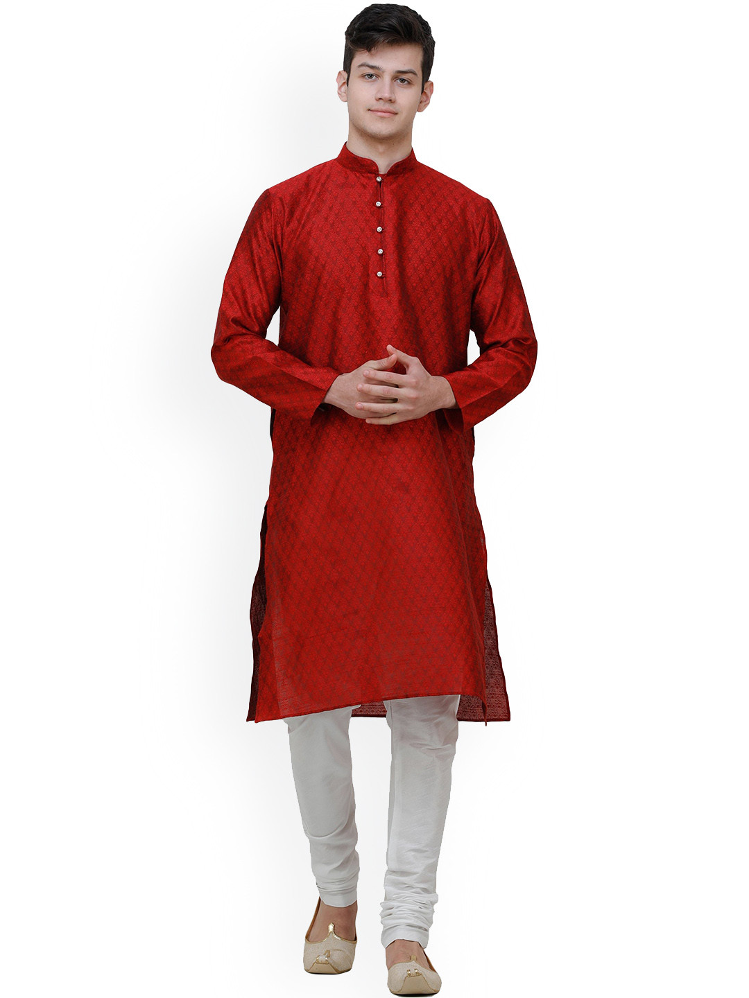 Exotic India Ruby Wine Wedding Kurta Pajama Set with Jacquard Woven Bootis All-Over