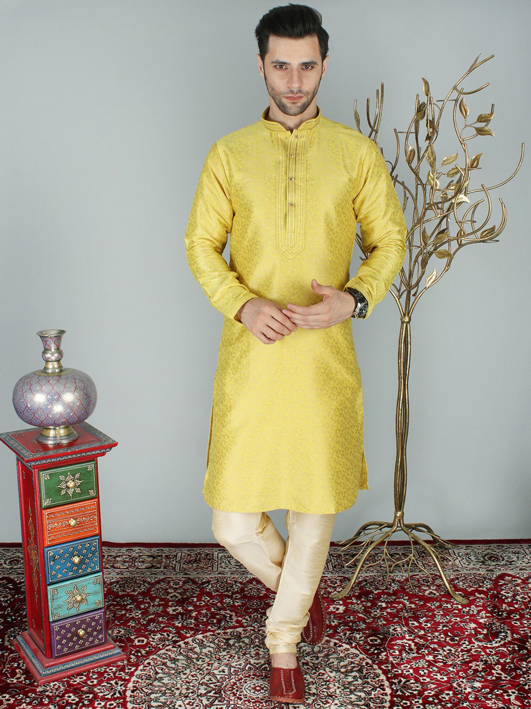 Exotic India Brocaded Yellow Kurta Pajama Set with Floral Motif All-Over