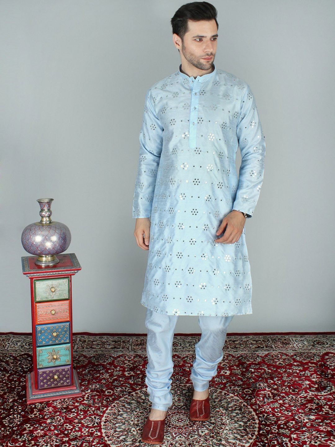 Exotic India Sky Art Silk Abhala Bharat Kurta Pajama Set with Thread Detailing