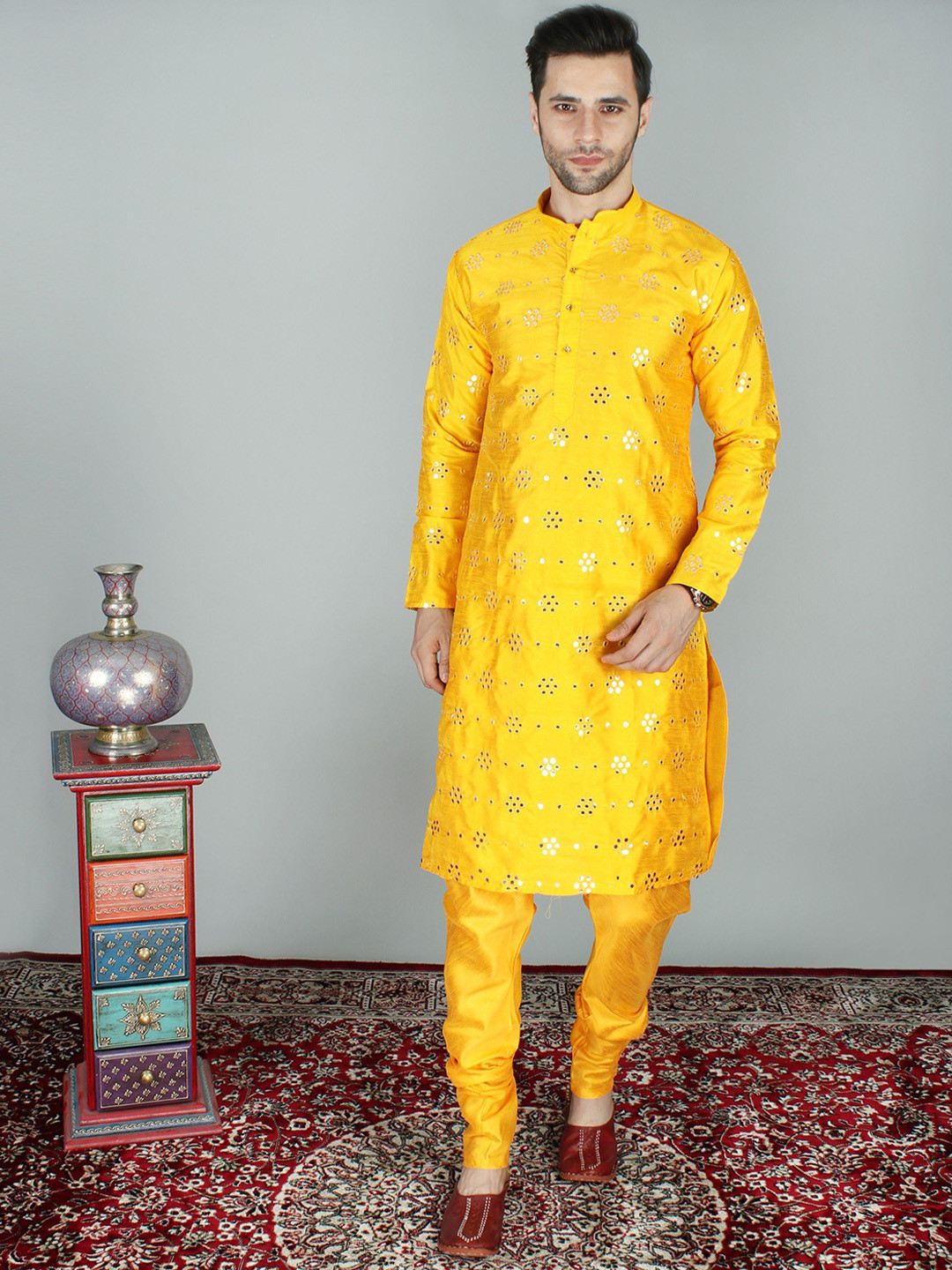 Exotic India Art Silk Abhala with Thread Detailing Mirror Work Kurta with Churidar