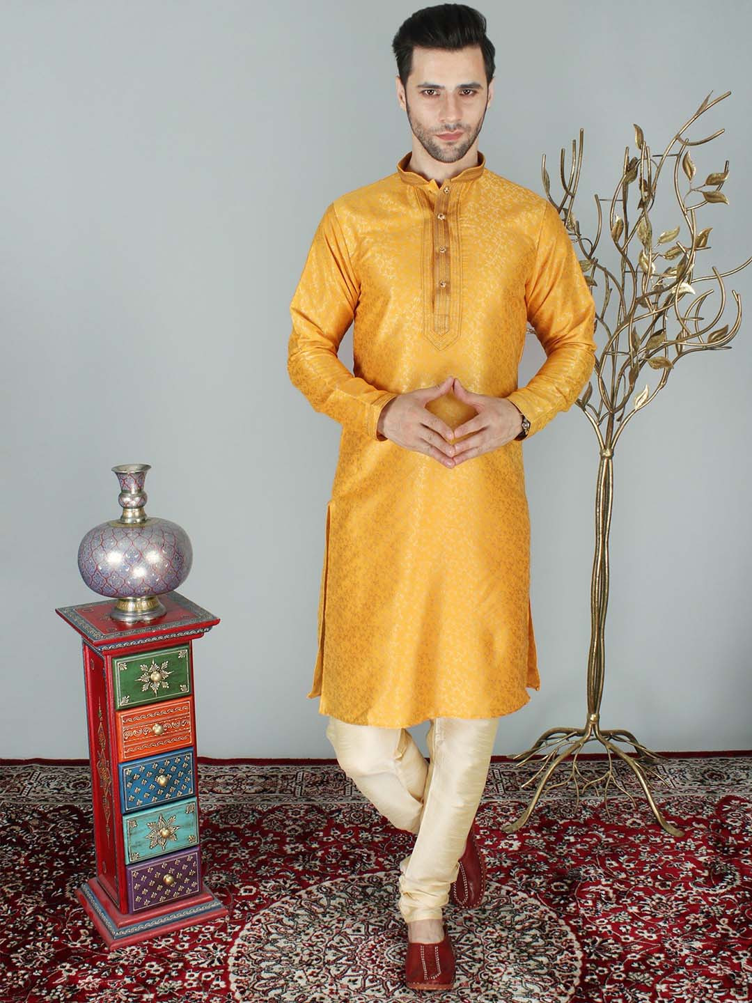Exotic India Brocaded Mandarin Collar Woven Design Straight Kurta with Churidar