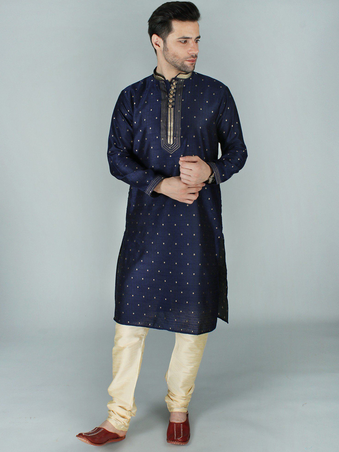 Exotic India Elegant Brocade Kurta Pajama Set with Thread and Zari Work on Collar-Placket
