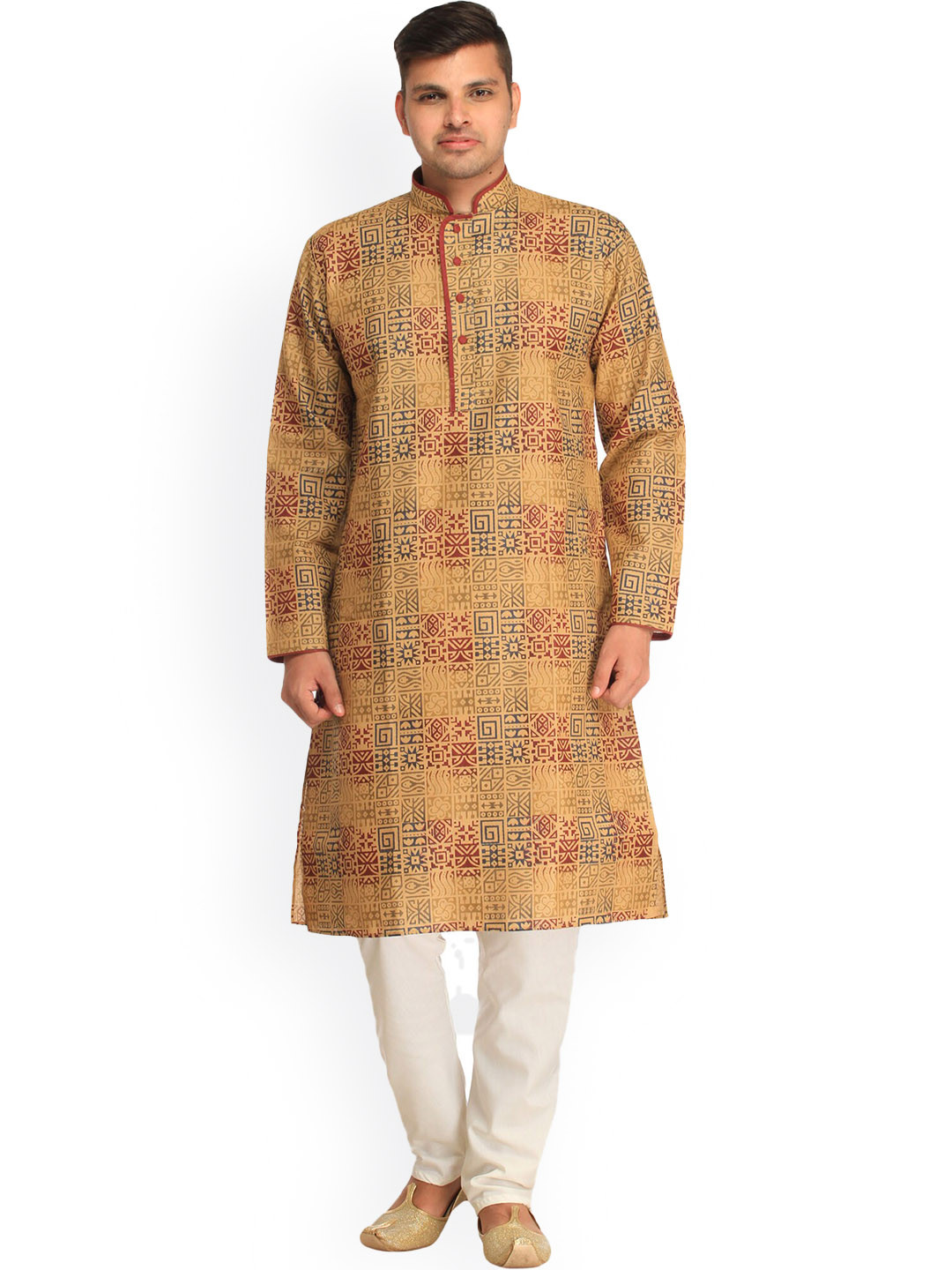 Exotic India Taos Taupe Pure Cotton Casual Kurta Pajama Set with Heiroglyphic Print