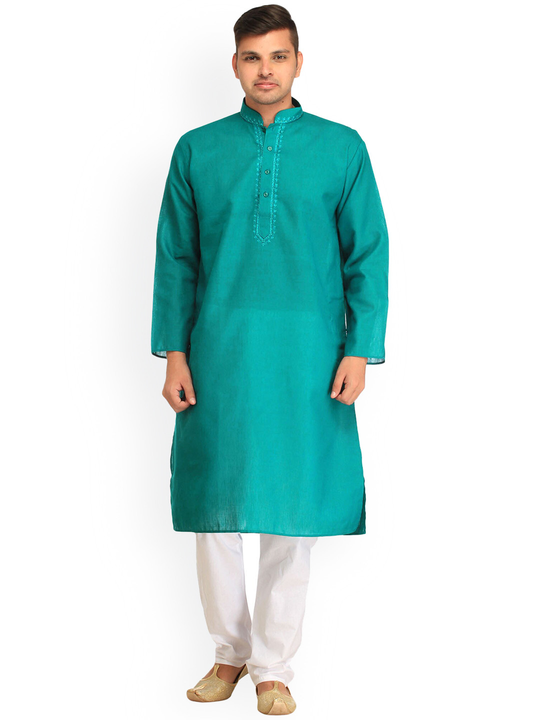 Exotic India Viridian Green Plain Casual Kurta Pajama Set with Thread-Embroidery on Neck