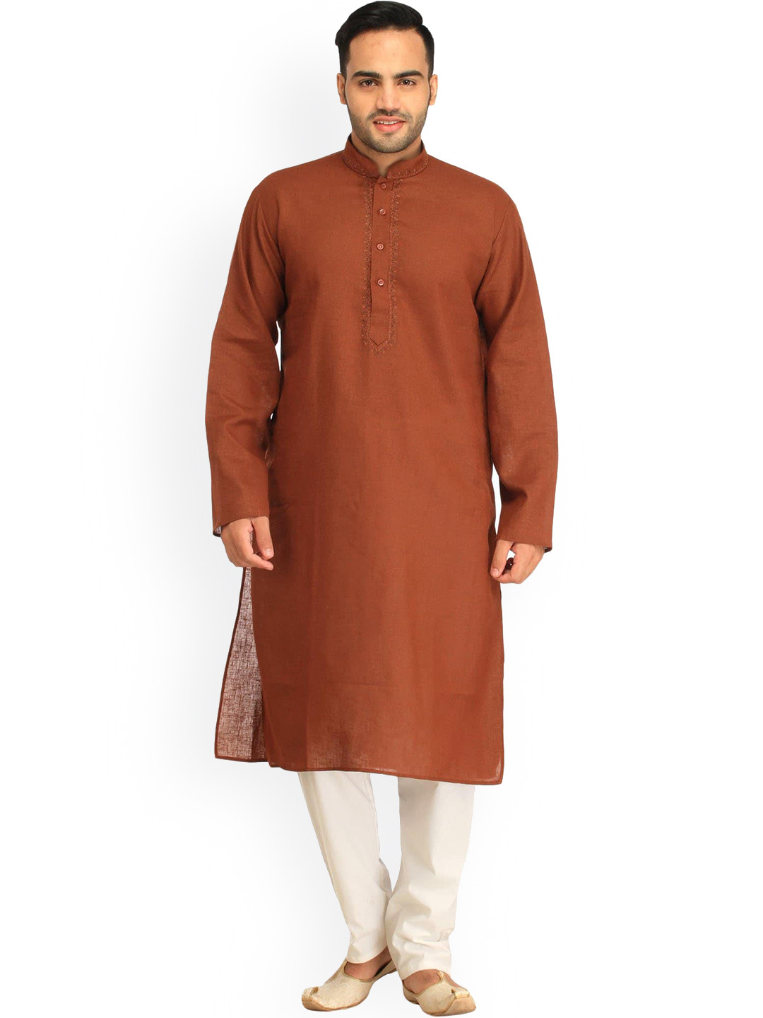 Exotic India Brown Patina Plain Casual Kurta Pajama Set with Thread-Embroidery on Neck