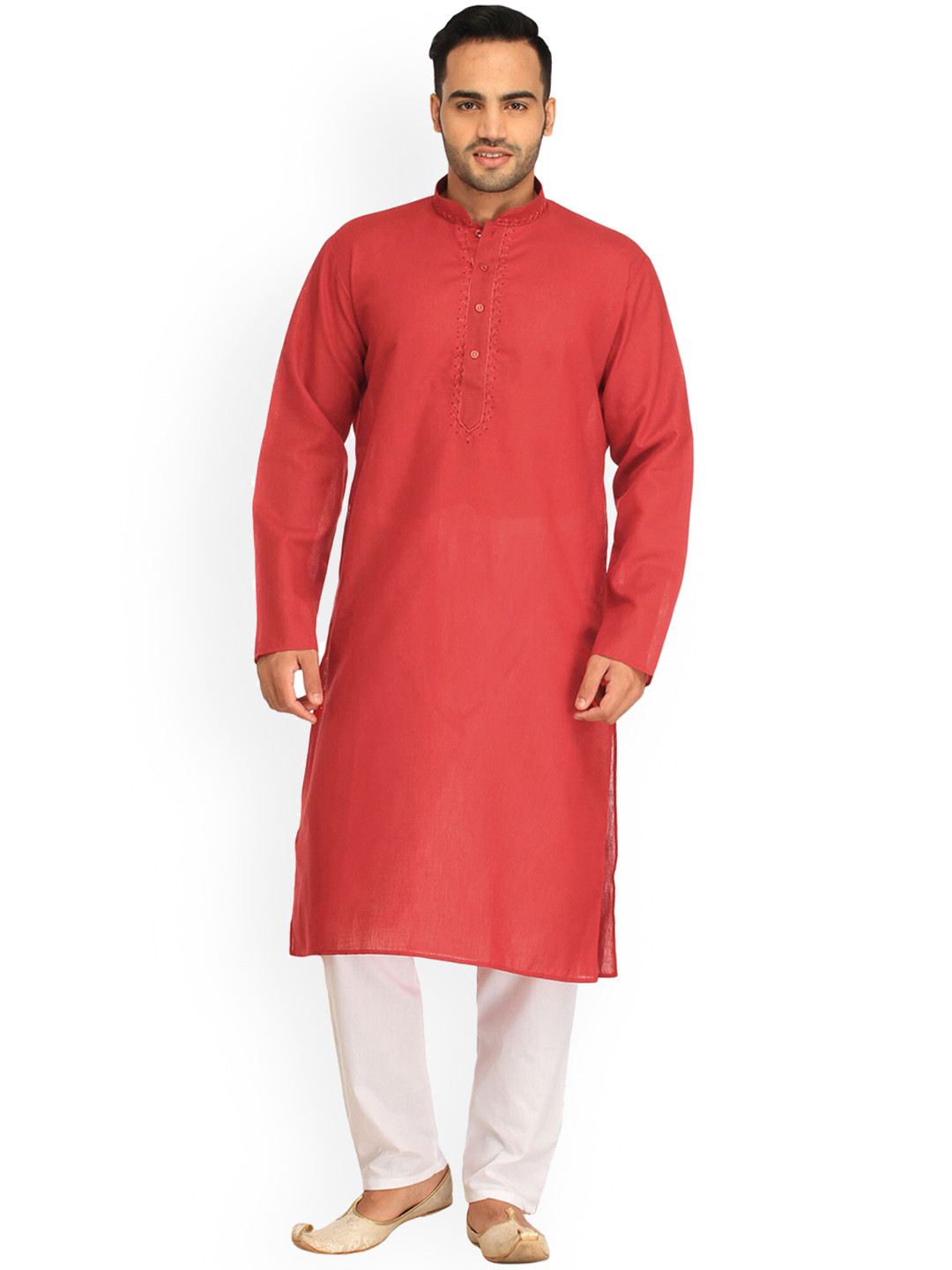 Exotic India Rococco Red Plain Casual Kurta Pajama Set with Thread-Embroidery on Neck