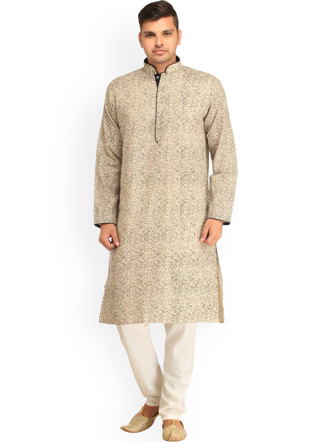 Exotic India Light Gray Pure Cotton Kurta Pajama Set with Printed Paisleys and Piping