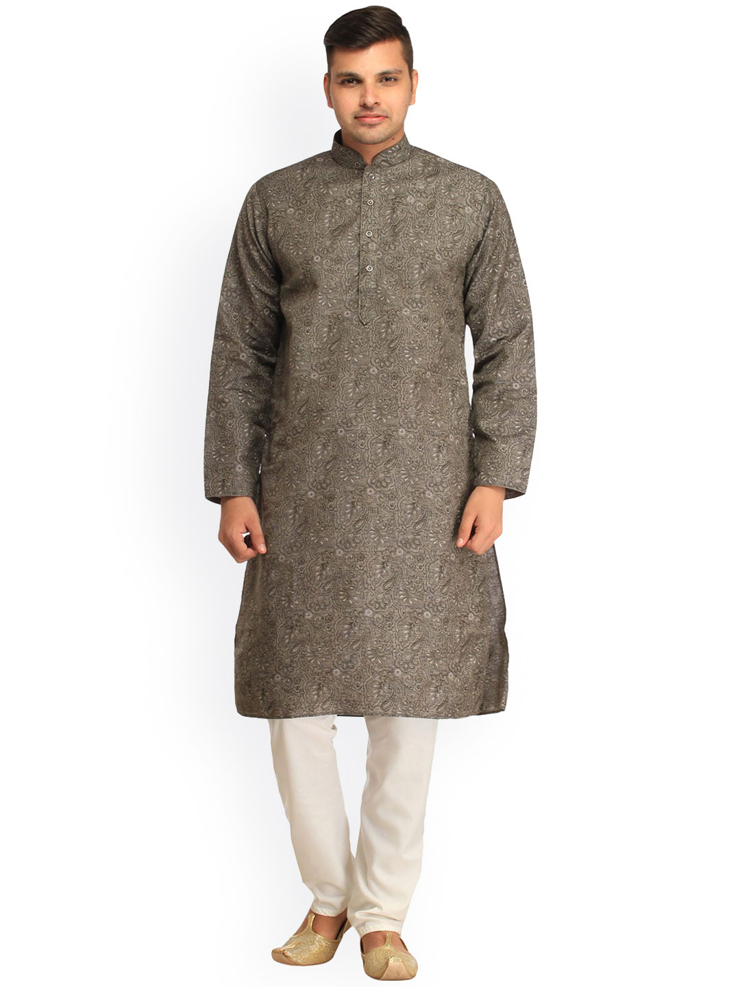 Exotic India Wild Dove Pure Cotton Casual Kurta Pajama Set with Printed Mughal Motifs