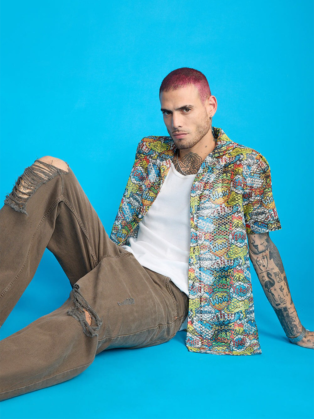 FREAKINS Comic Print Spread Collar Short Sleeves Casual Shirt