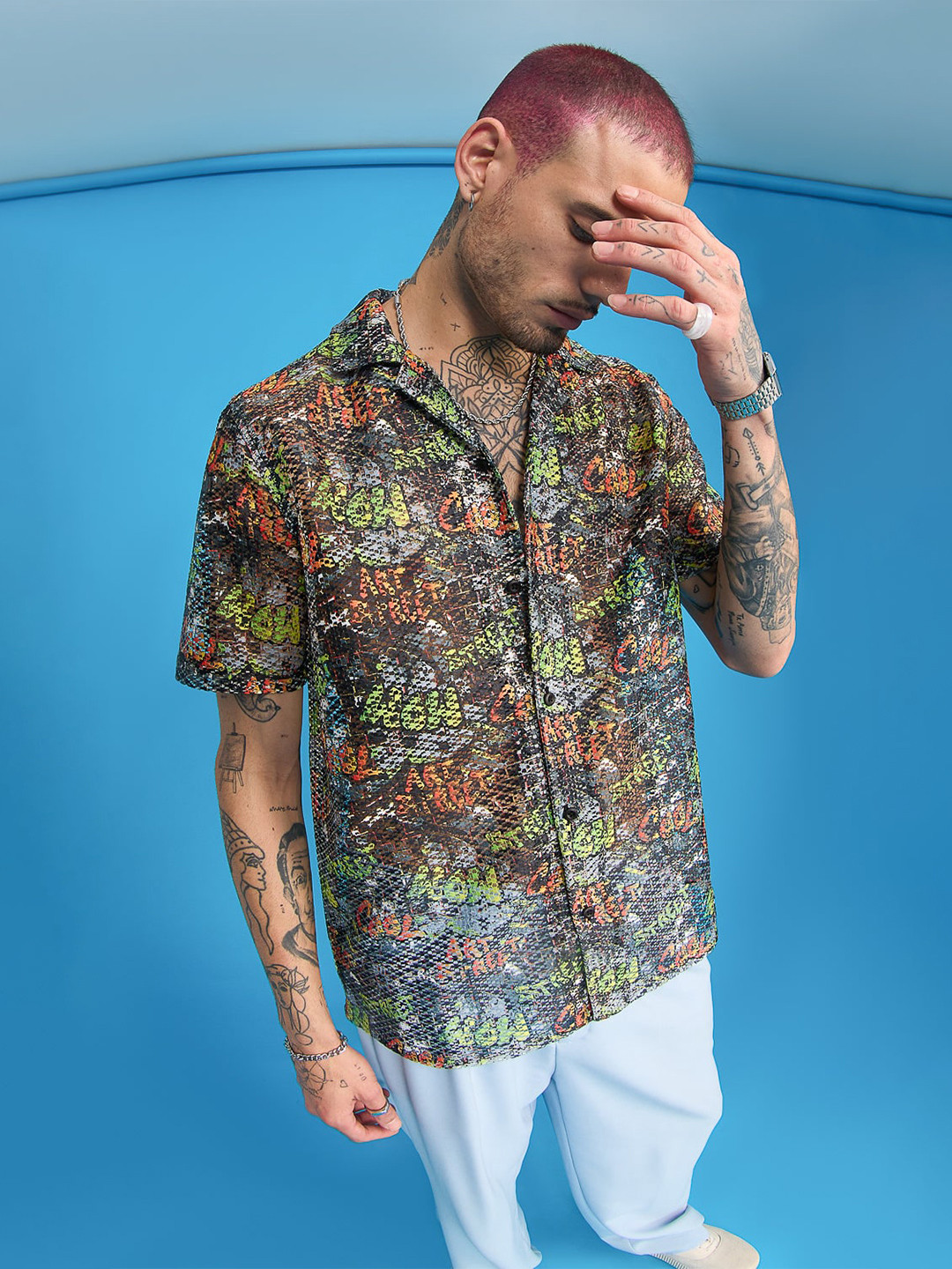 FREAKINS Cool Art Mesh Green & Black Abstract printed Cuban Collar Casual Mesh Shirt