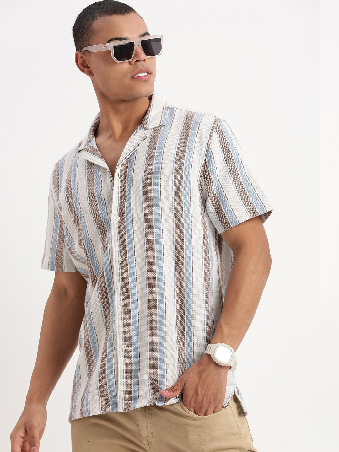 SHOWOFF Standard Multi Stripes Cuban Collar Relaxed Fit Cotton Casual Shirt