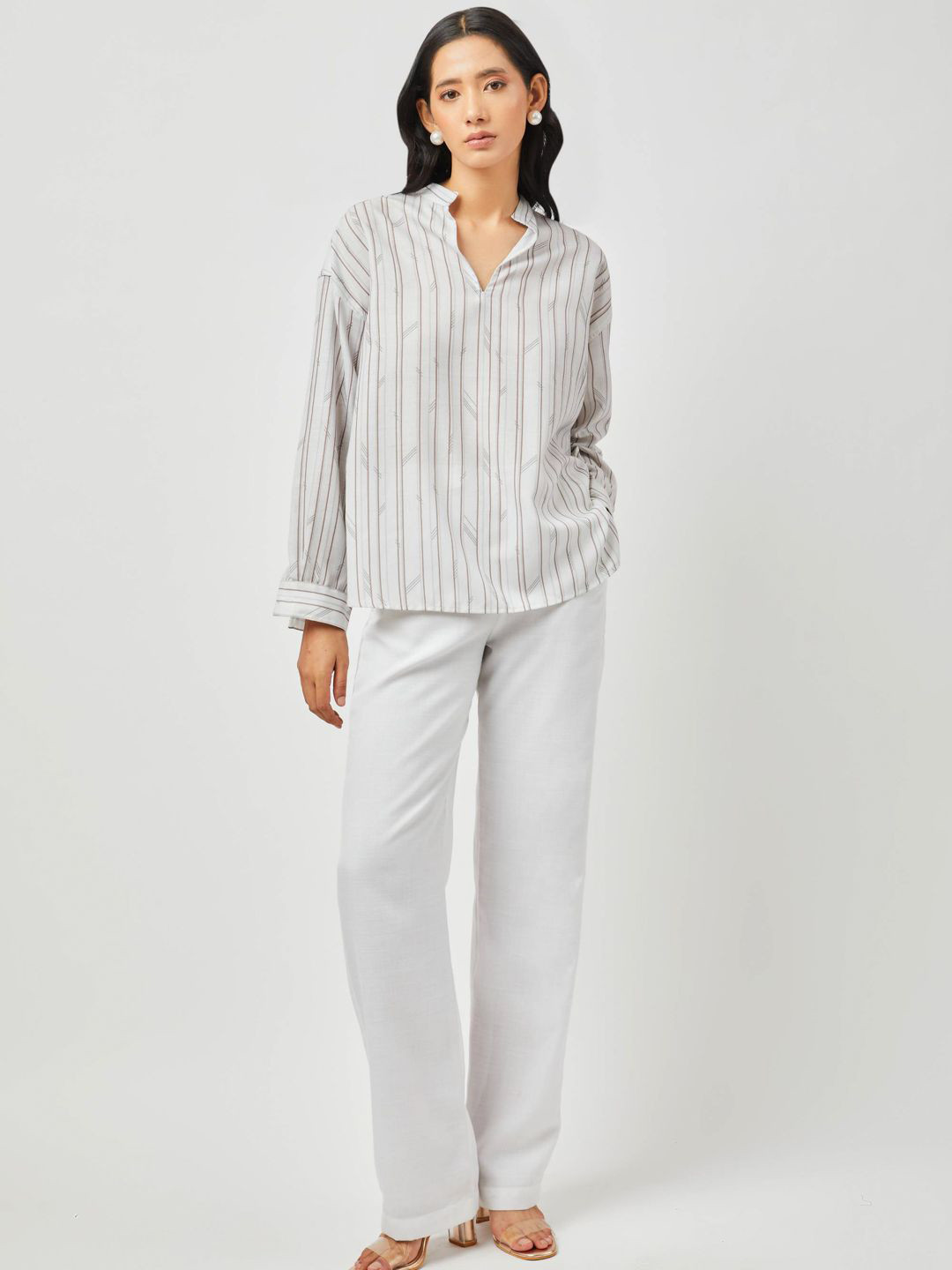 Contemponari Striped Mandarin Collar Linen Gaia Top With Willow Trousers