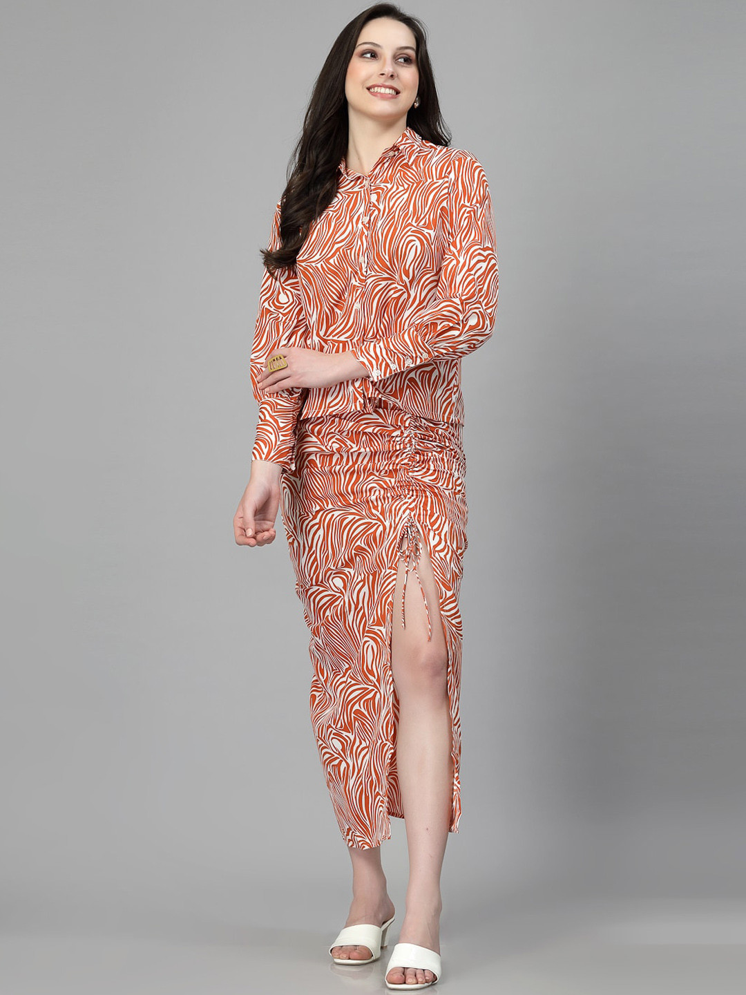 aayu Orange Printed Long Sleeve Shirt & Fitted Skirt