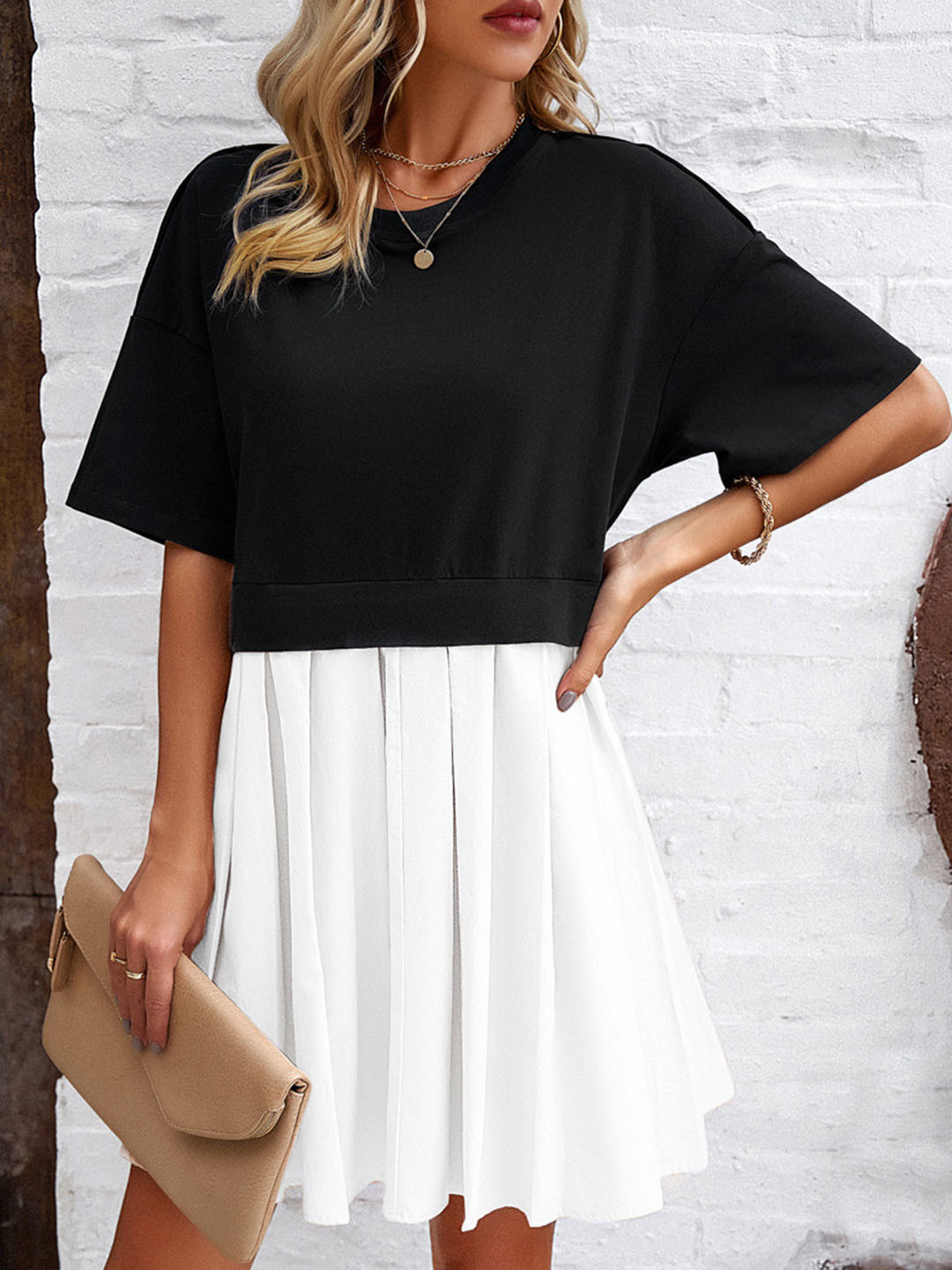 all about you Black Colourblocked Round Neck A-Line Dress
