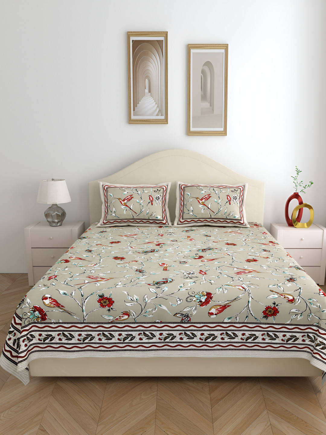 SHOOLIN Grey Floral Pure Cotton 162 TC Queen Bedsheet with 2 Pillow Covers-274 x 228 cm