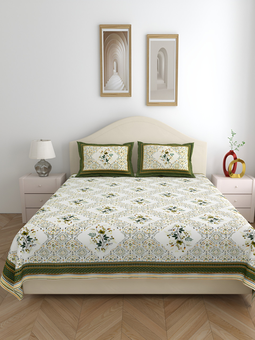 SHOOLIN Green Ethnic Motifs Pure Cotton 162 TC Queen Bedsheet with 2 Pillow Covers-108 x 90 inches