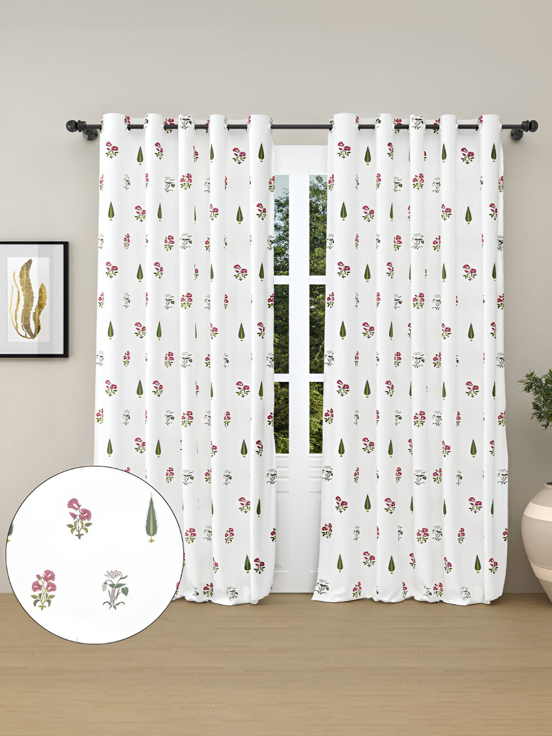 haus & kinder Pink & White 2 Pieces Floral Printed Cotton Room Darkening Door Curtains