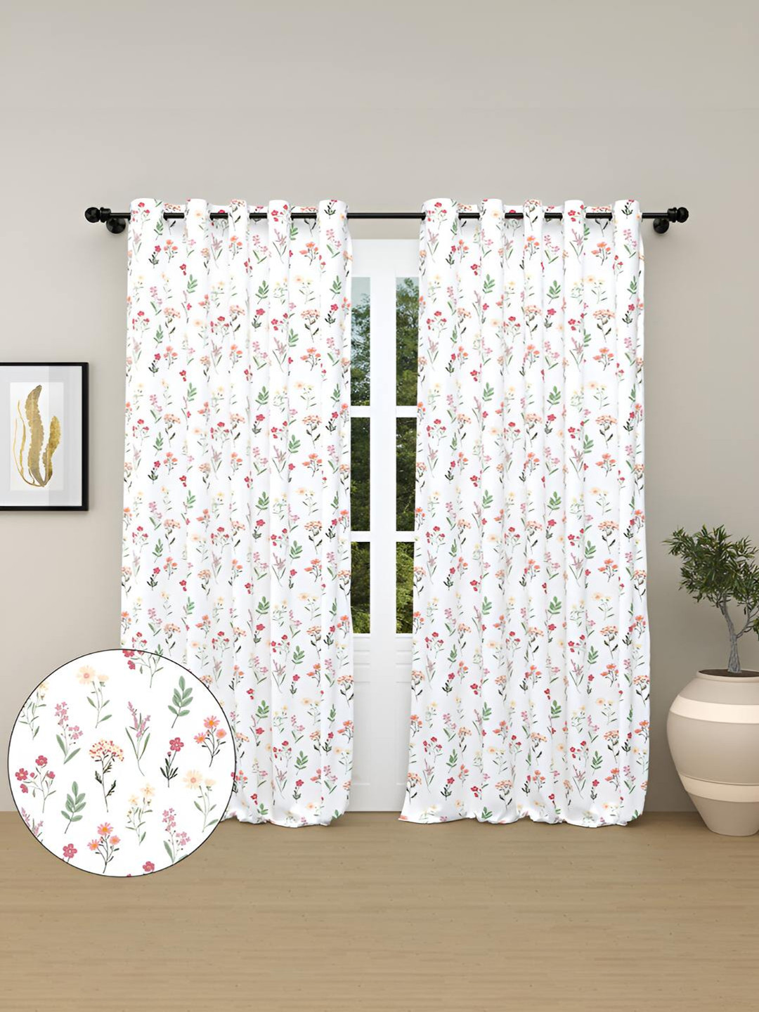 haus & kinder Red & White 2 Pieces Floral Pure Cotton Room Darkening Door Curtains