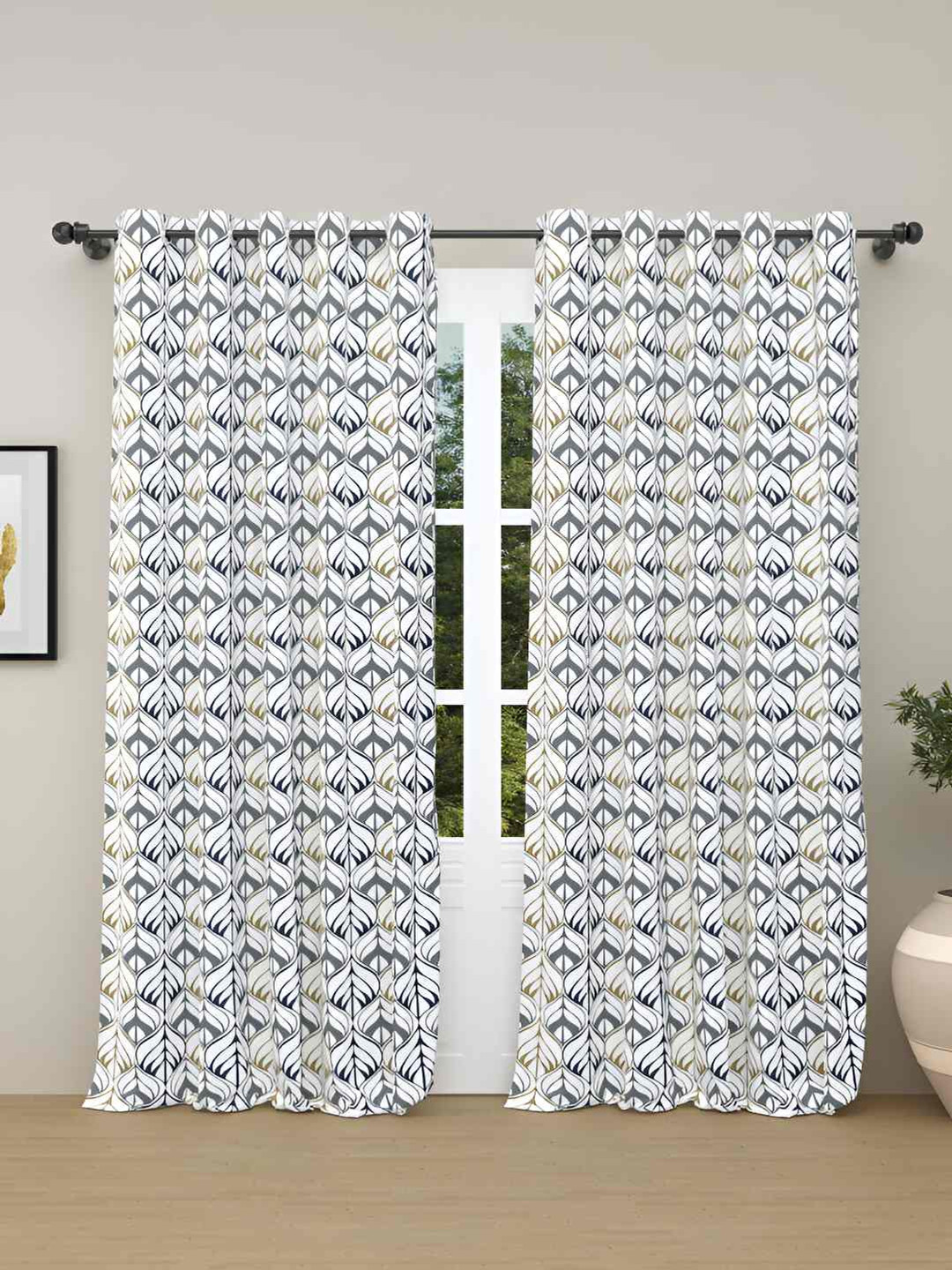 haus & kinder Grey & White 2 Pieces Floral Pure Cotton Room Darkening Door Curtains