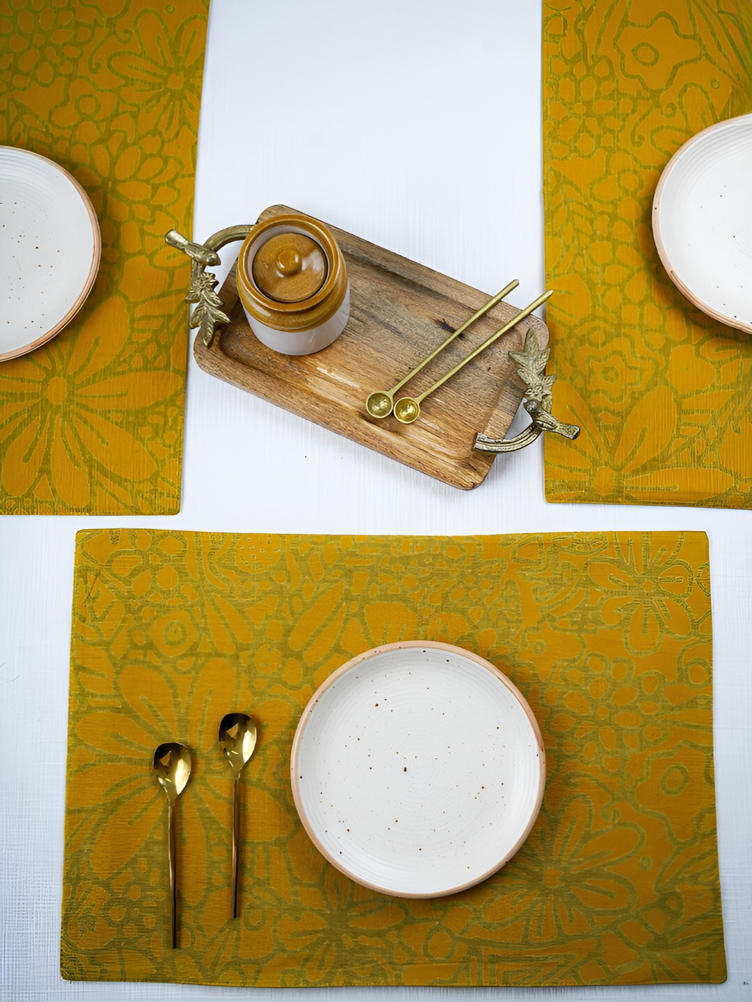 Ratan Cart Yellow & Green 6 Pieces Floral Printed Rectangle Cotton Table Placemats