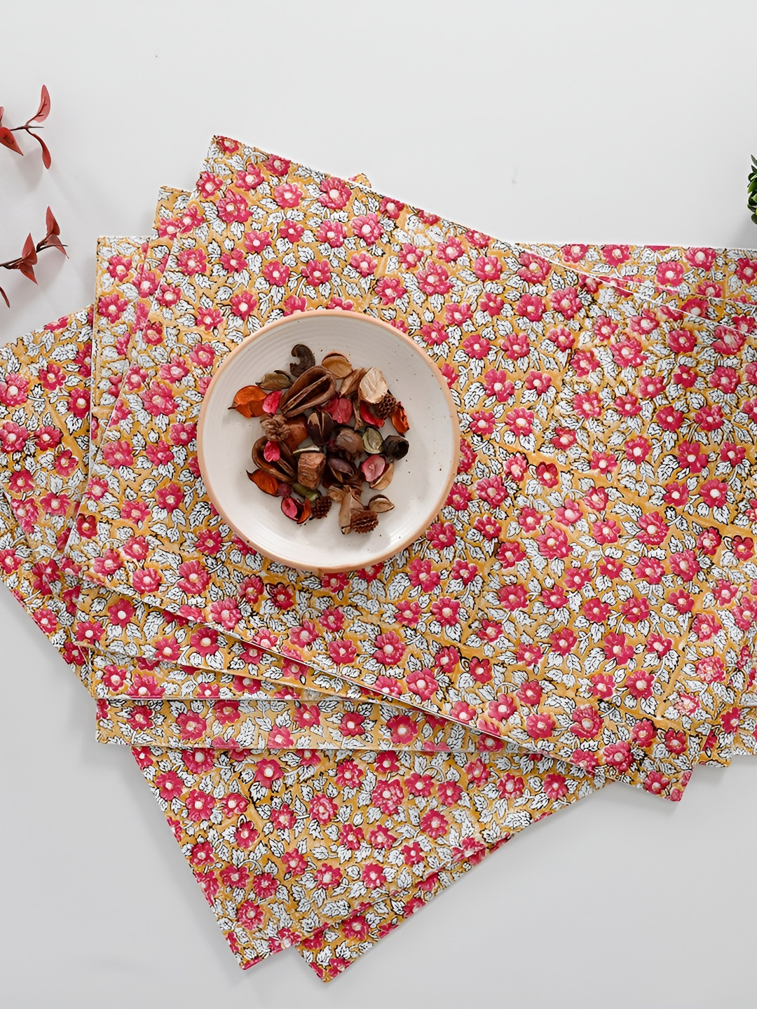 Ratan Cart Peach & Green 6 Pieces Floral Printed Rectangle Cotton Table Placemats