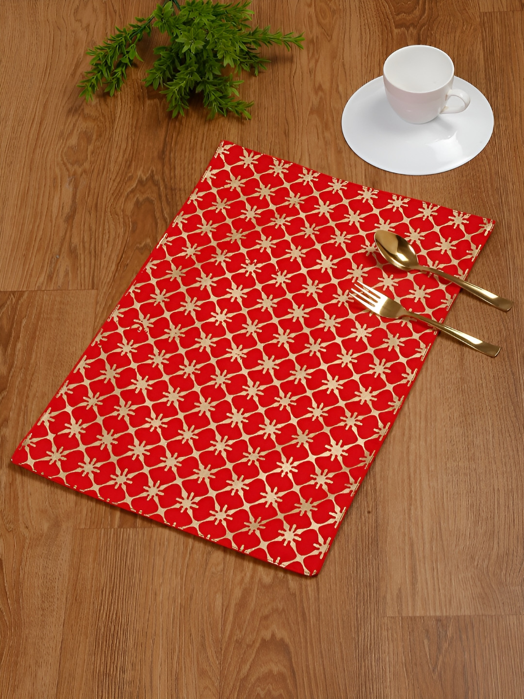 Ratan Cart Red & Beige 4 Pieces Printed Rectangle Cotton Table Placemats
