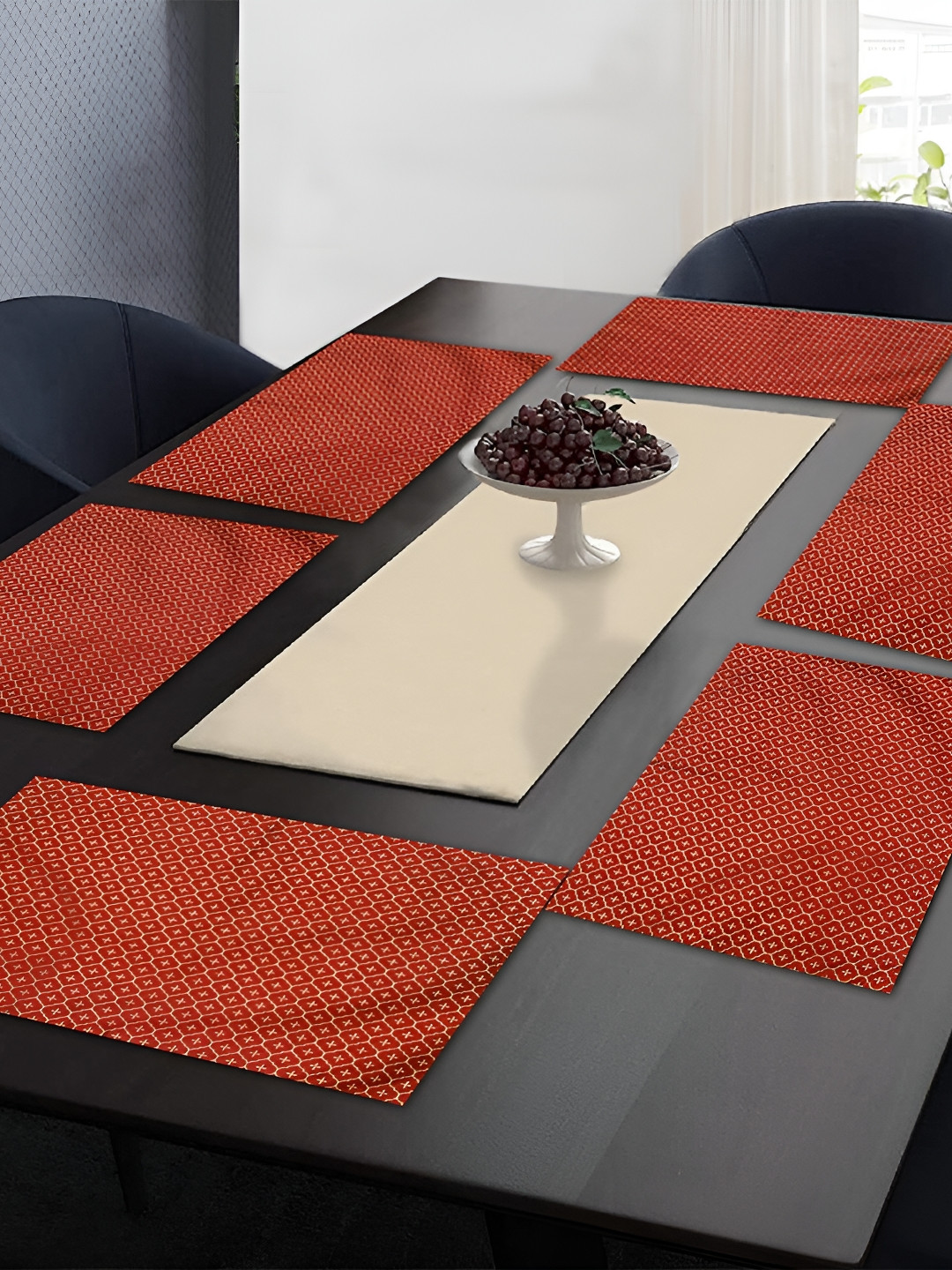 Ratan Cart Red & Beige 6 Pieces Geometric Printed Rectangle Cotton Table Placemats