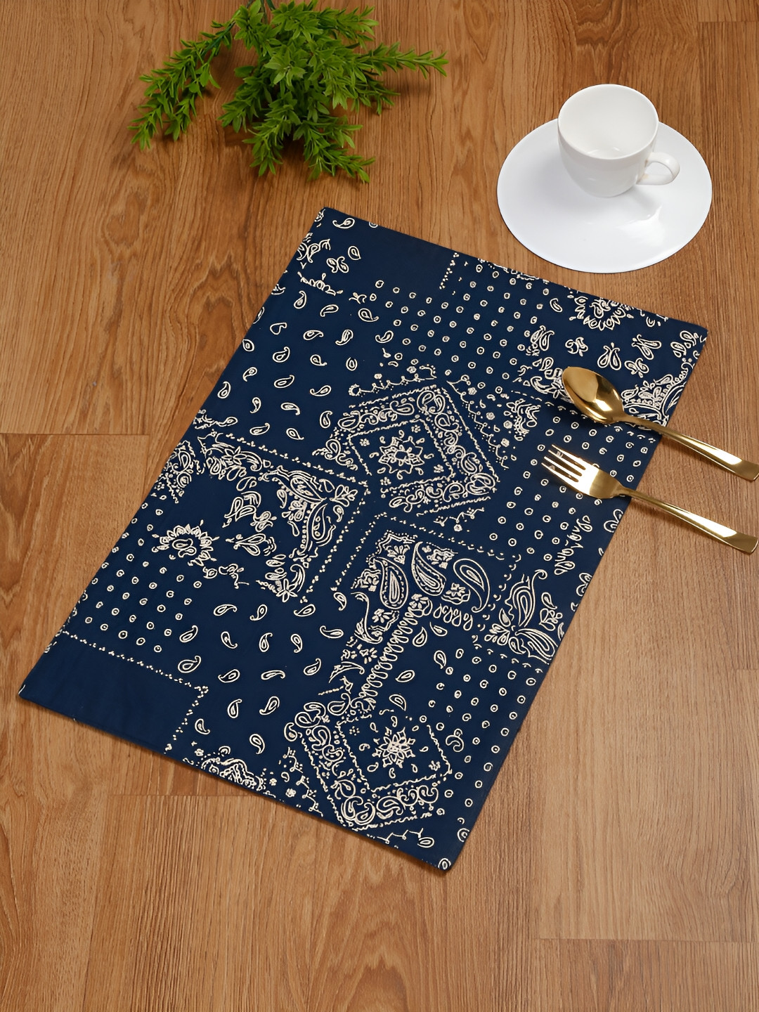 Ratan Cart Navy Blue & Beige 4 Pieces Ethnic Motifs Printed Cotton Table Placemats
