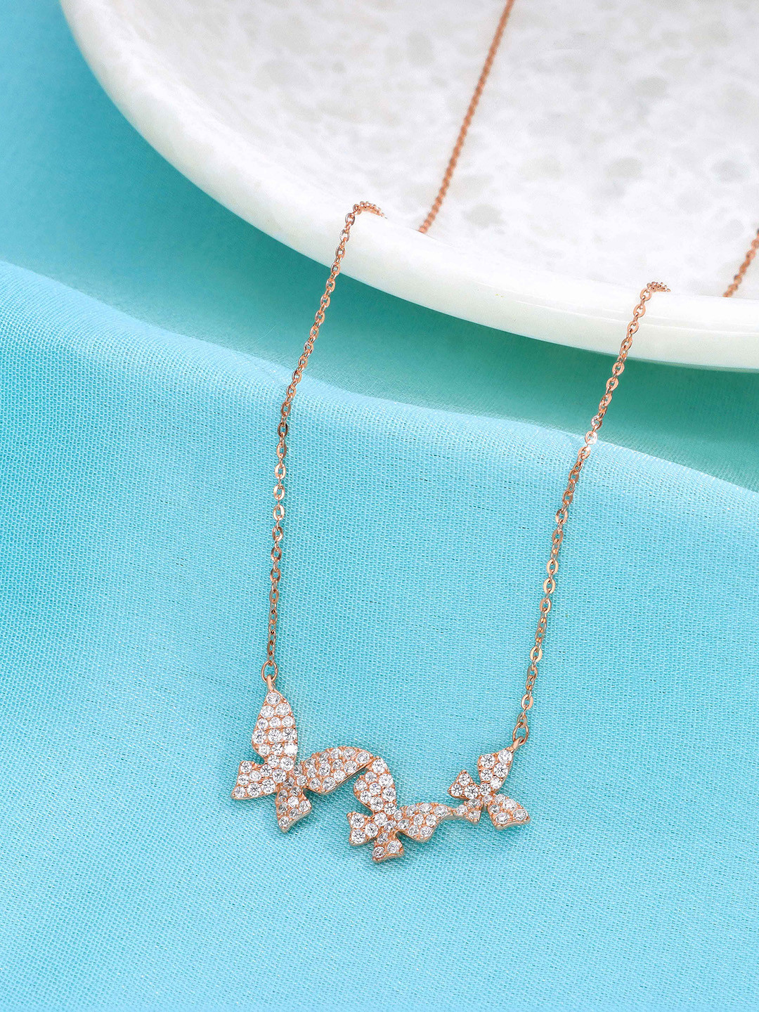 KAI JEWEL Sterling Silver Rose Gold-Plated Cubic Zirconia Studded Butterfly Chain