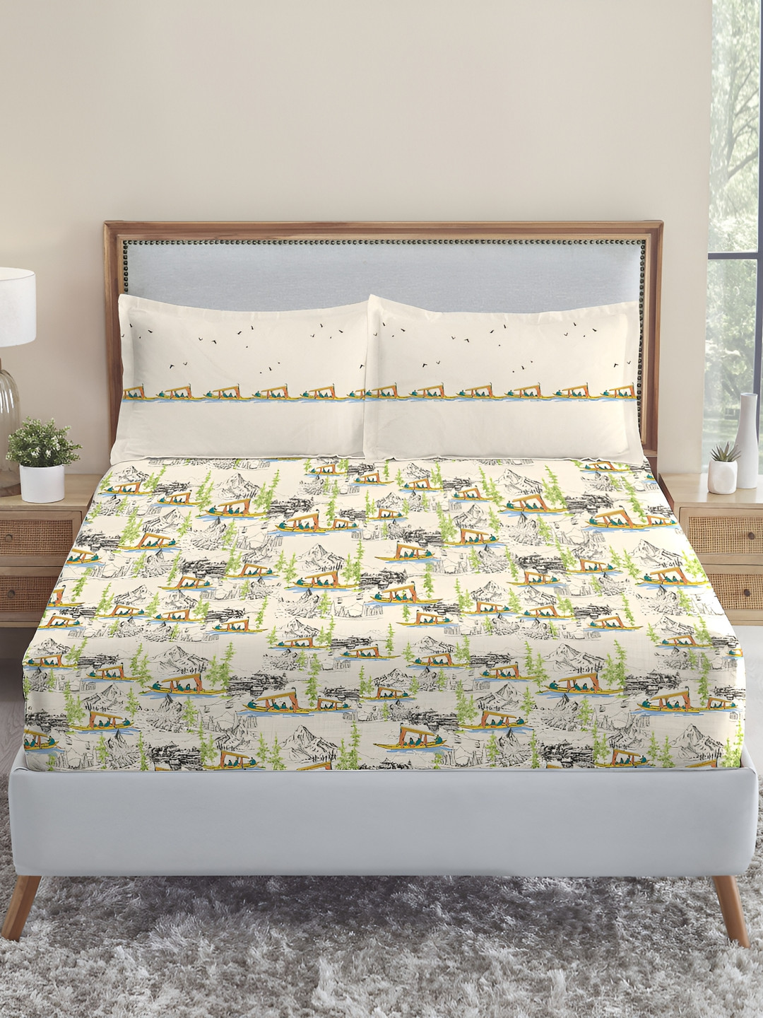 MYTRIDENT Royal Passion Green Graphic Pure Cotton 144 TC King Fine Bedsheet with 2 Pillow Covers-108 x 108 inches