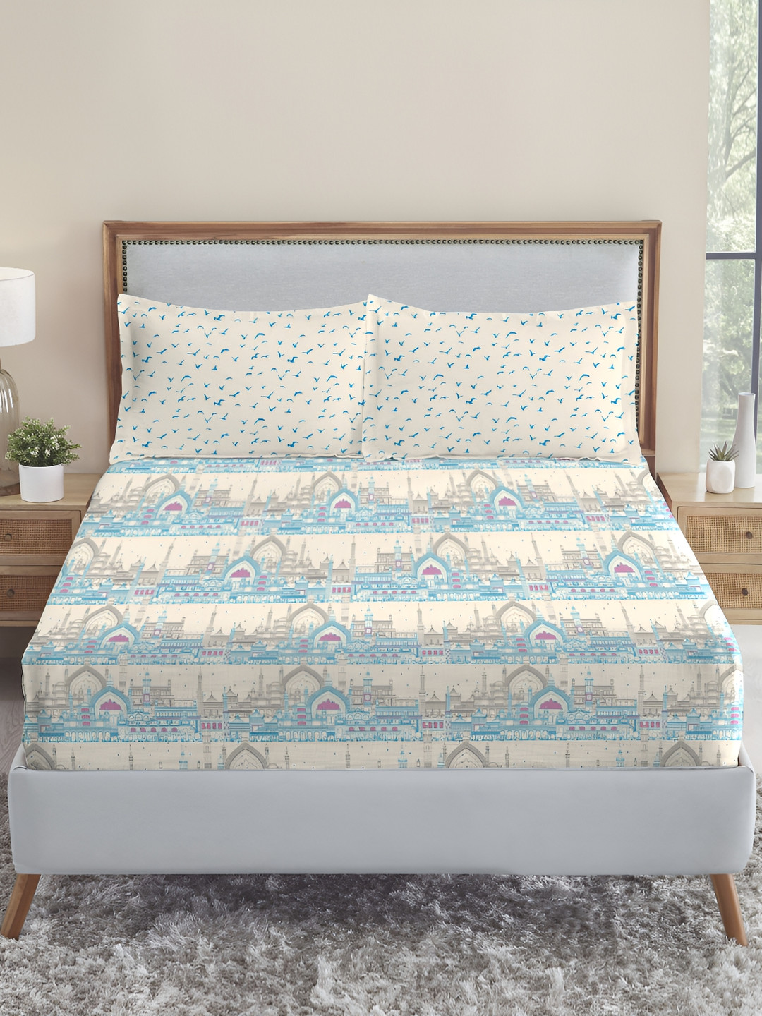 MYTRIDENT Atulaya Bharat Off White Graphic Cotton Breathable 144 TC King Bedsheet with 2 Pillow Covers-108 x 108 inches