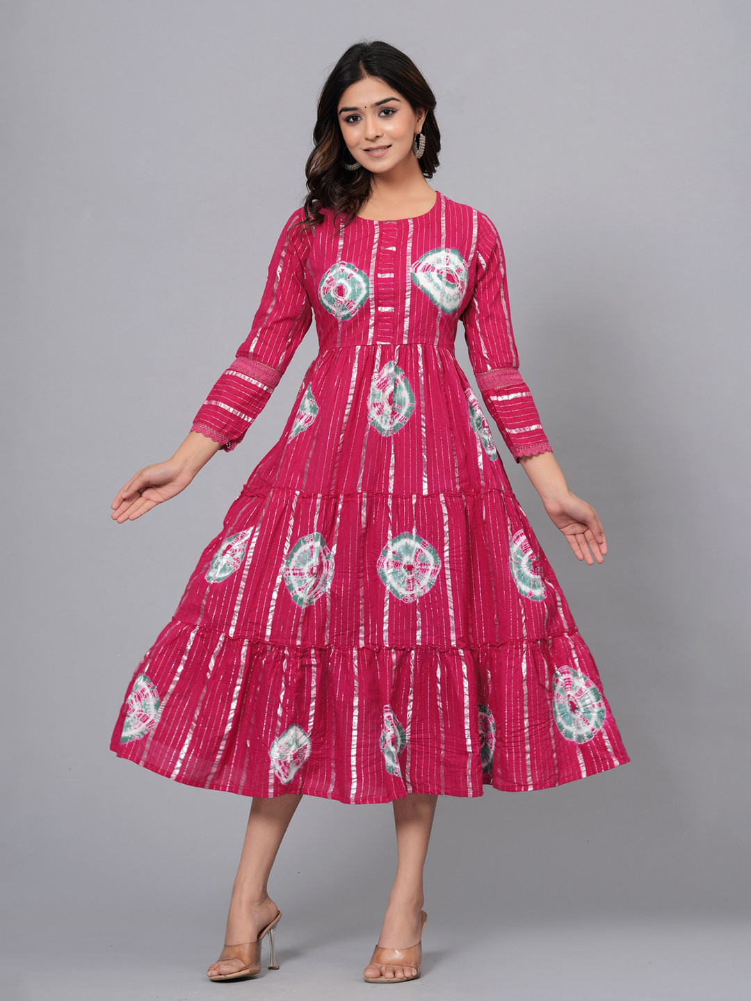 SARAI CREATIONS Round Neck Hand Tie & Dye Cotton Fit and Flare Midi Dress