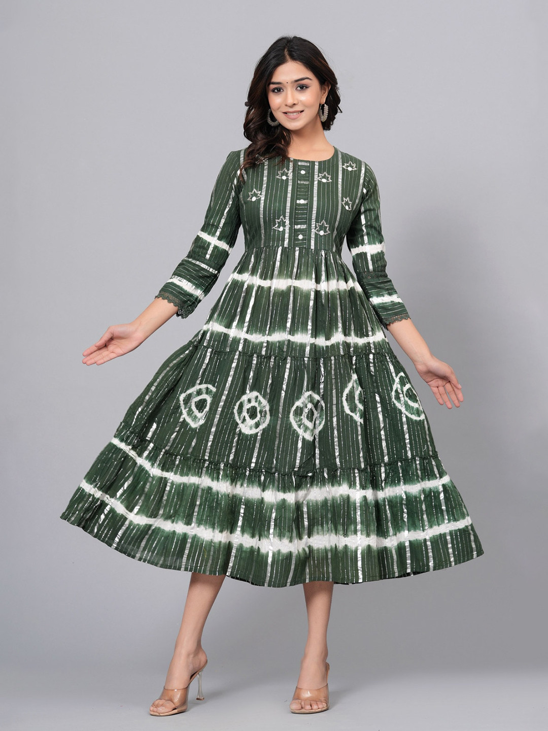 SARAI CREATIONS Round Neck Hand Tie & Dye Cotton Fit and Flare Midi Dress