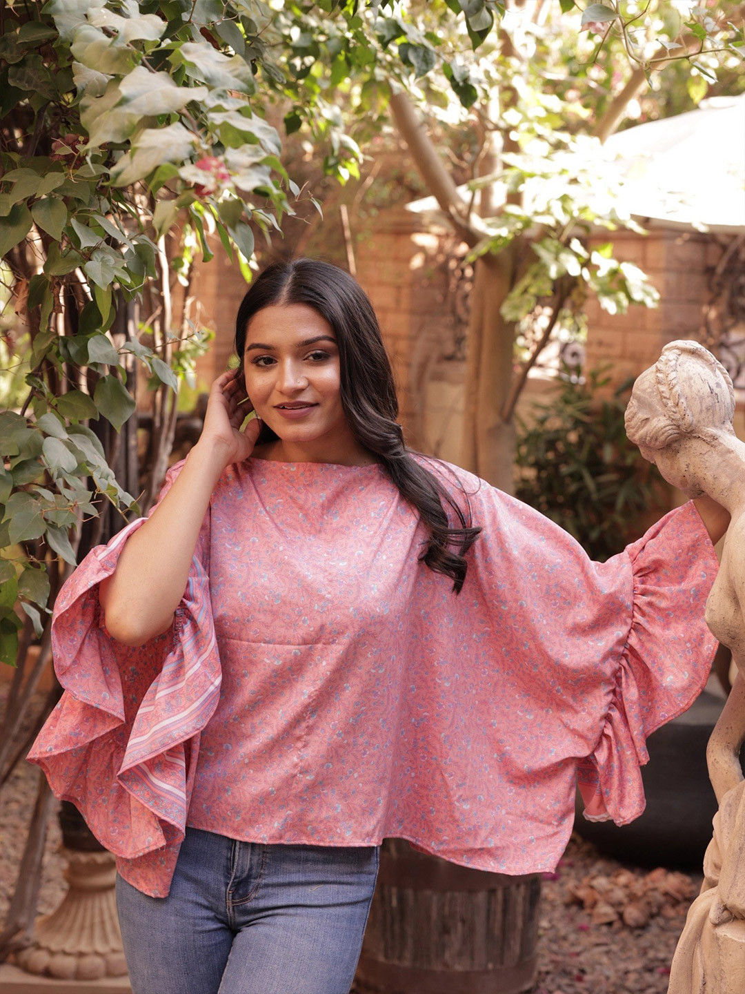 Exotic India Vintage Pure Silk Floral Print Kimono Sleeve Ruffles Top